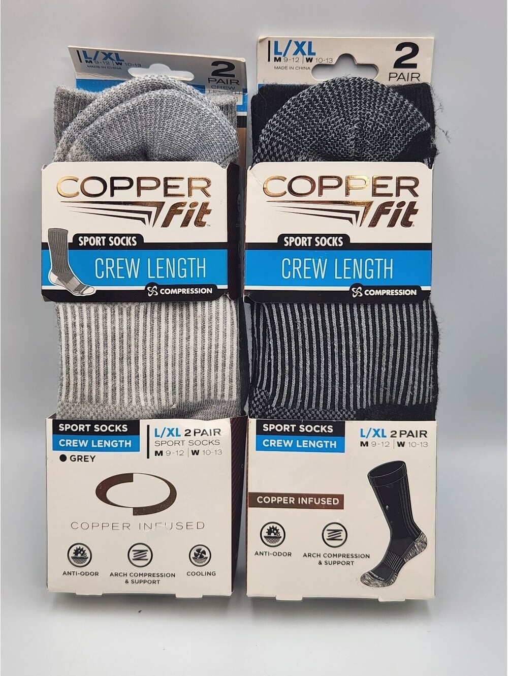 Copper Fit Sport Crew Socks L/XL 2 Pair Anti-Odor Arch Support Cooling D4